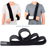 Reversible collar and cuff arm sling shown on left and right arms with soft adjustable strap for shoulder, arm, and wrist injury support.