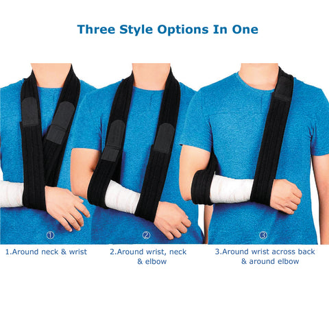 Three ways to wear a collar and cuff arm sling showing adjustable strap positions around neck, wrist, and elbow for shoulder and arm injury support.