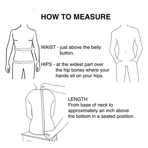 Rider Gilet size guide showing how to measure waist, hips, and back length for accurate fit and posture support.